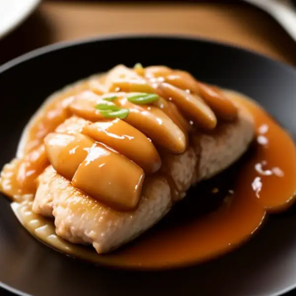 Pollo teriyaki con pera en salsa agridulce