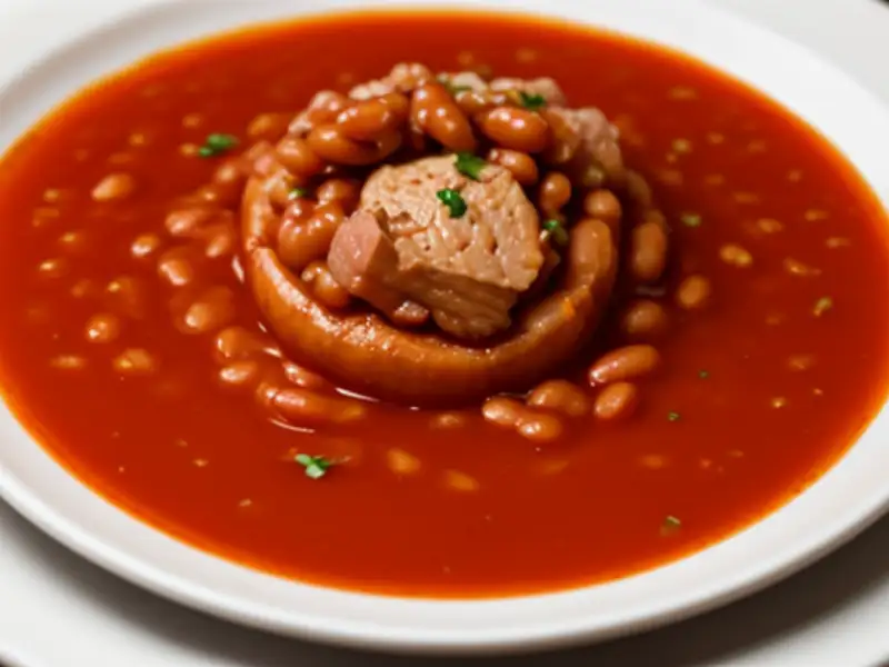 Porco cozido com feijão e molho de tomate