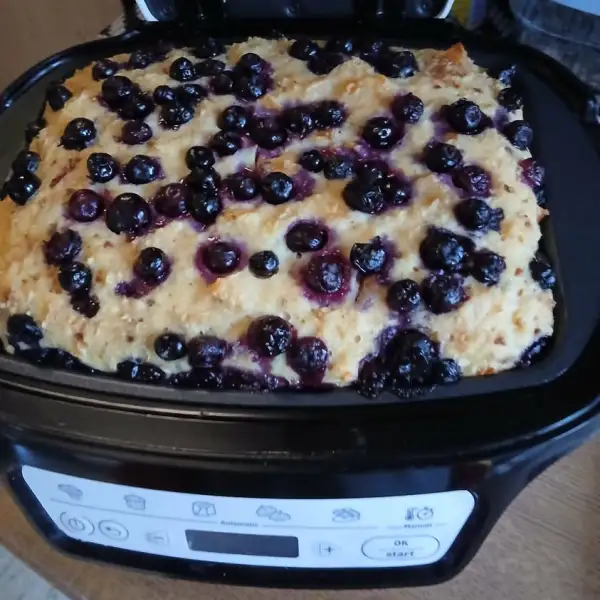 Pudding de pain rassis couvert de myrtilles dans la cuve d'un Cake Factory