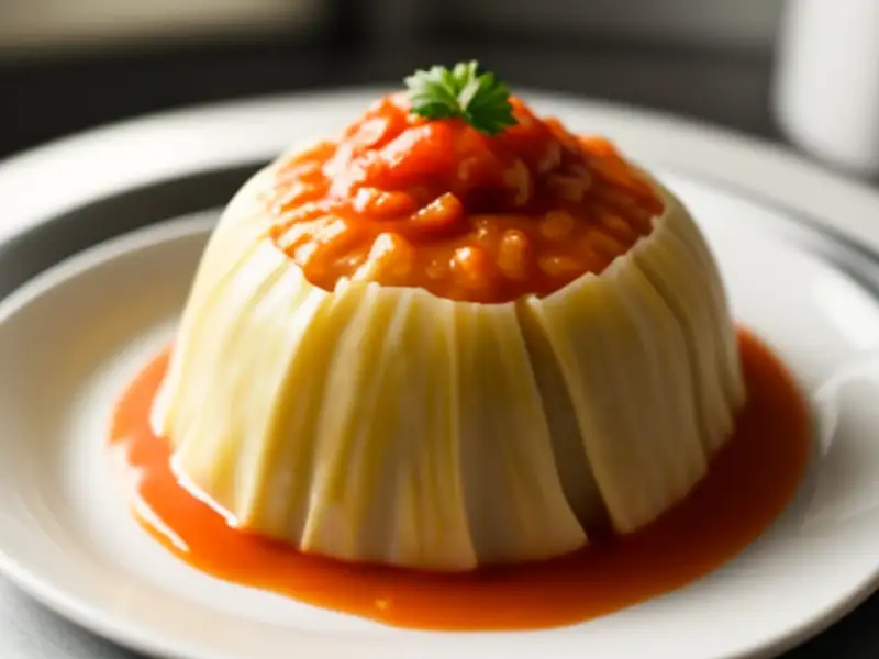 Repolho recheado com arroz e molho de tomate