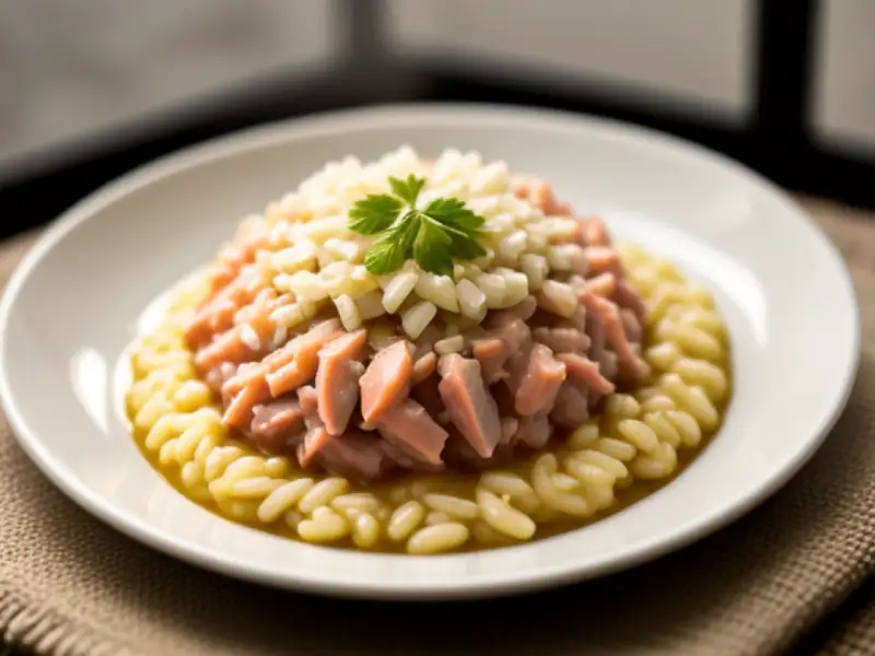 Schnelles Risotto mit Thunfisch und gebratenen Zwiebeln