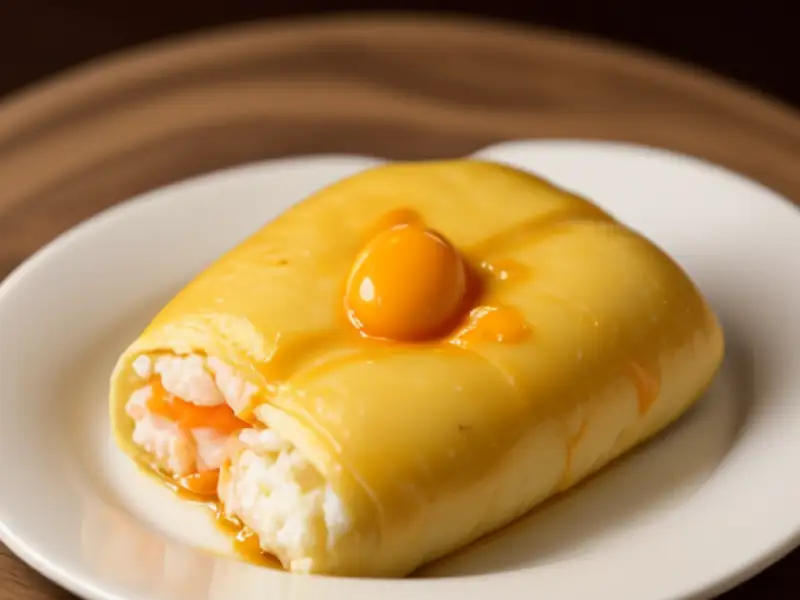 Rolinho de omelete com camarão