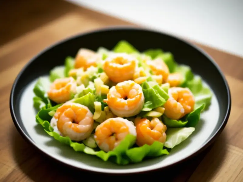 Salada morna de camarão, kani e alface