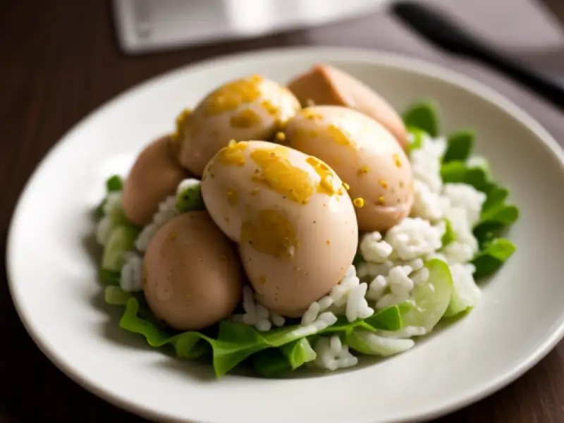 Salada de frango em camadas com fígados e arroz