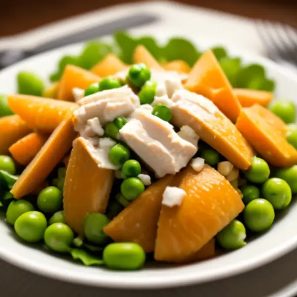 Salat mit geräuchertem Hühnchen, Karotten und Erbsen