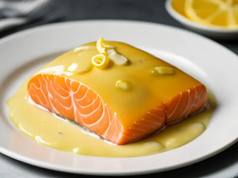 Salmão pochê com maionese de laranja