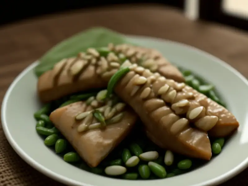 Cuerdas de soja, judías verdes y almendras con sabor a teriyaki.