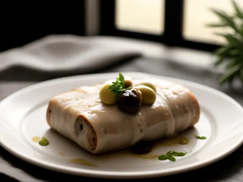 Seitan wrapped in parchment paper with olives.