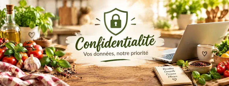 Illustration « Confidentialité, vos données, notre priorité » : cadenas, ordinateur portable et herbes fraîches sur un plan de travail