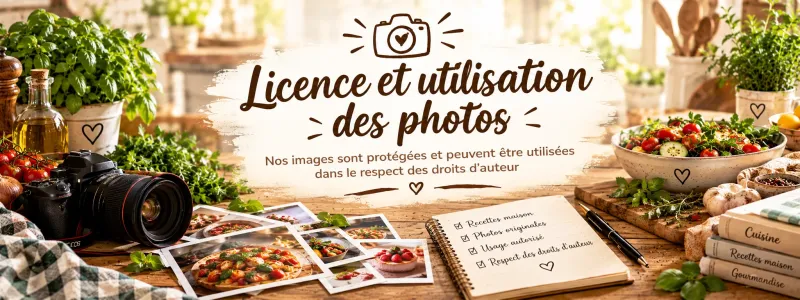 Illustration « Licence et utilisation des photos » : appareil photo, tirages de plats et carnet des droits d'auteur sur un plan de travail