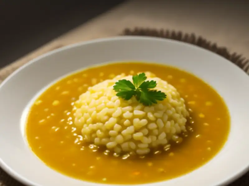 Sopa de arroz e legumes com osso de porco