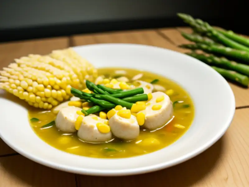 Sopa de frango com aspargos, cogumelos e milho