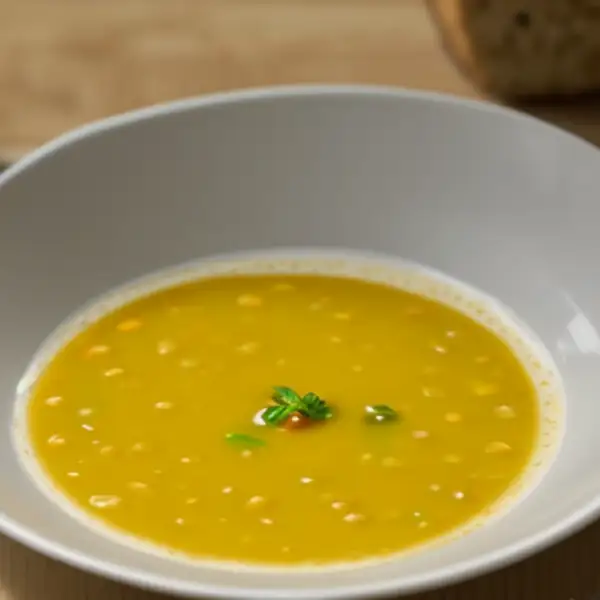 Sopa de lentilha com alho e pão frito