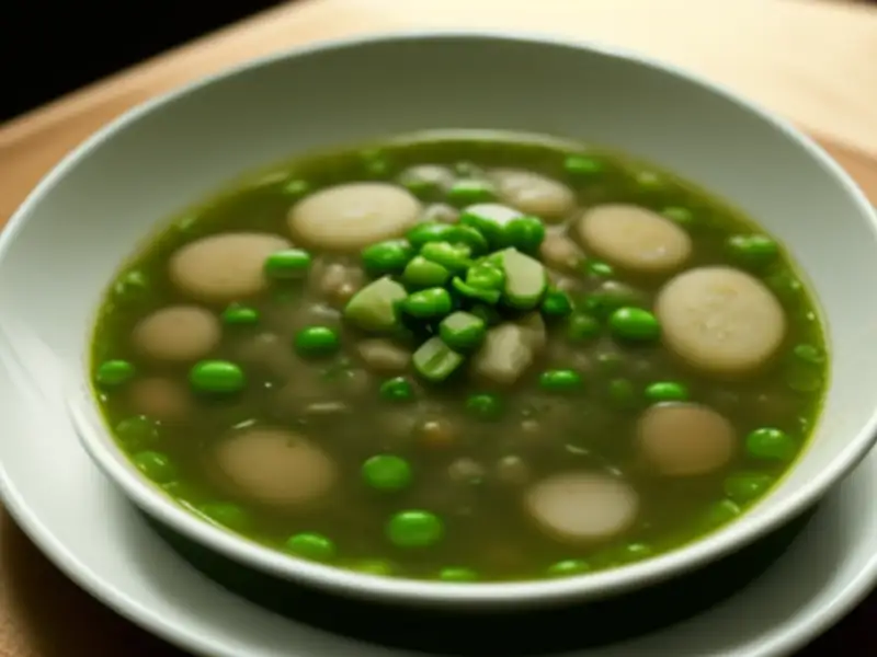Sopa de vitela com ervilhas e farinha de soja