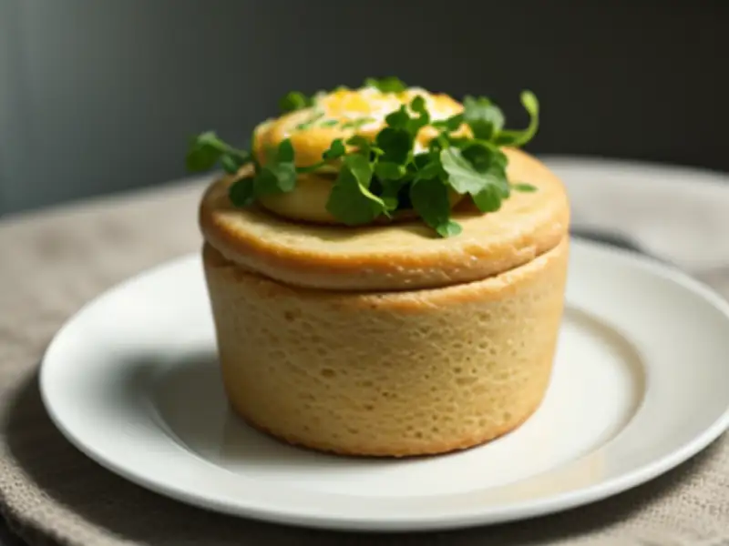 Soufflé de pain au cresson, sauce au poivron