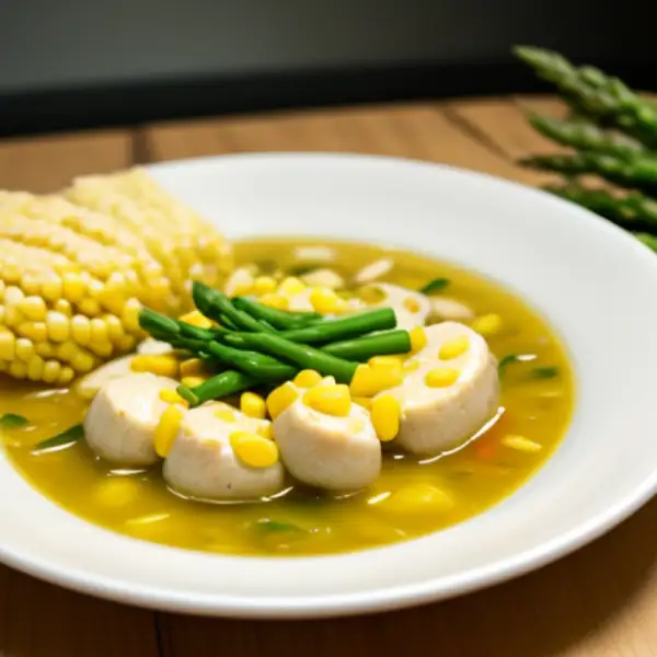 Soupe au poulet, asperges, champignons et maïs