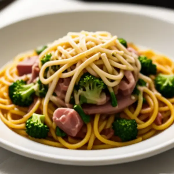 Spaghetti au jambon, brocolis et vin blanc