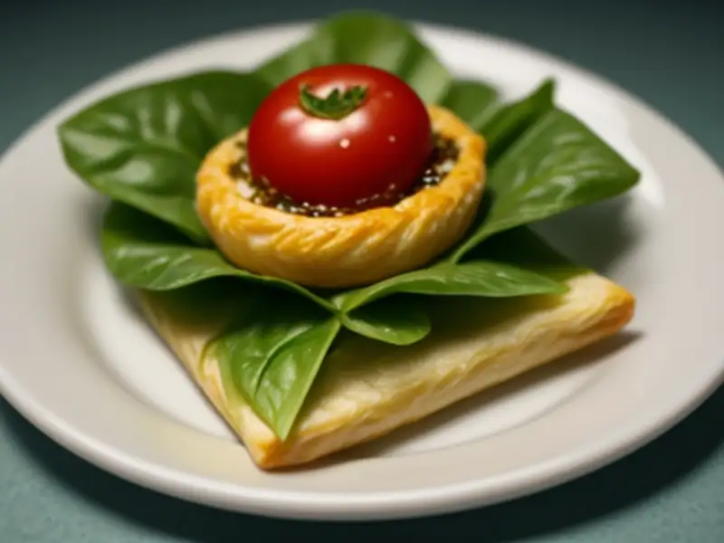 Spinach, tomato, and chili-infused puff pastry