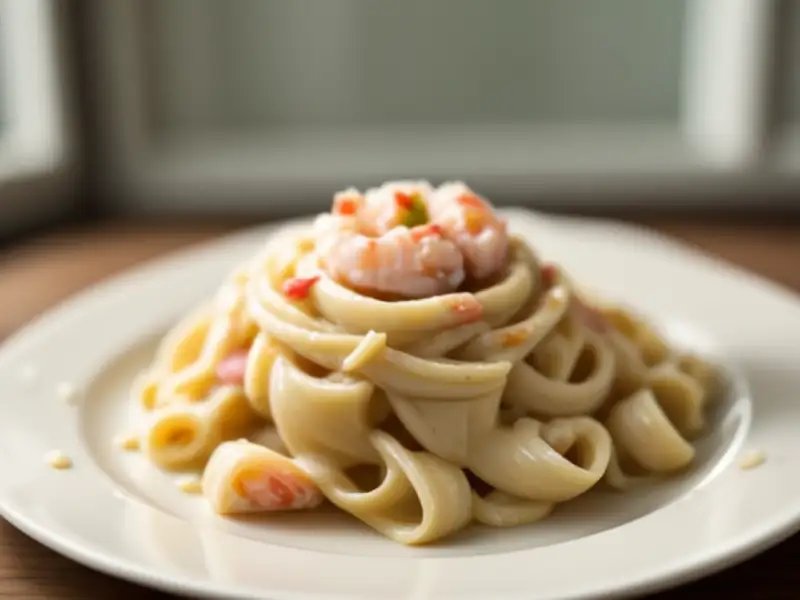 Tallarines cremosos con jamón y gambas