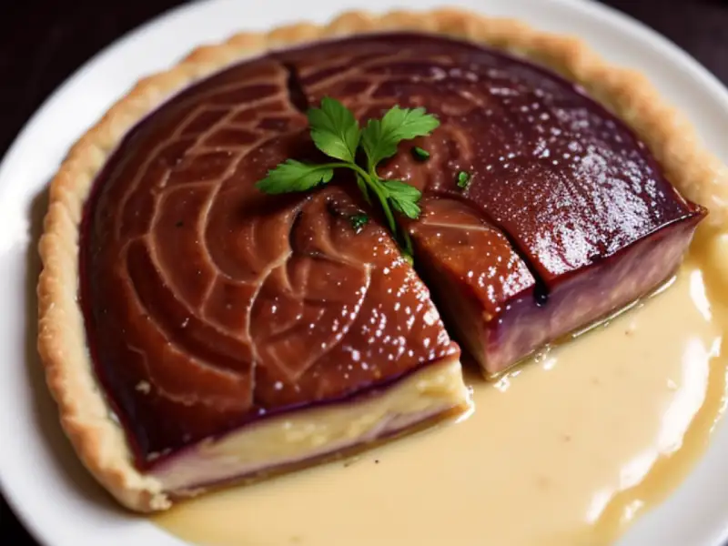 Tarta de berenjena y salmón, crema de ajo y aceitunas