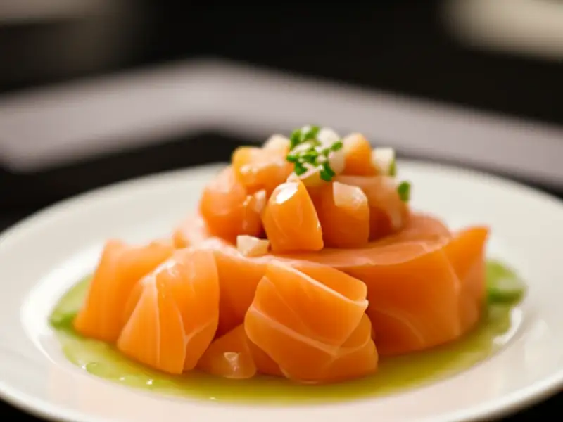 Tartare de peixe branco e salmão defumado