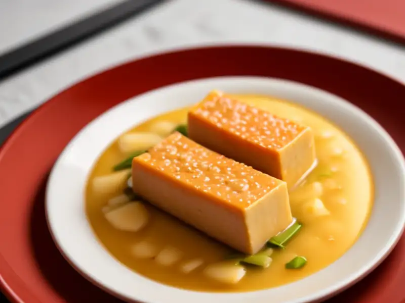 Tofu frito ao molho de soja com camarões, shiitake e ervilha-torta