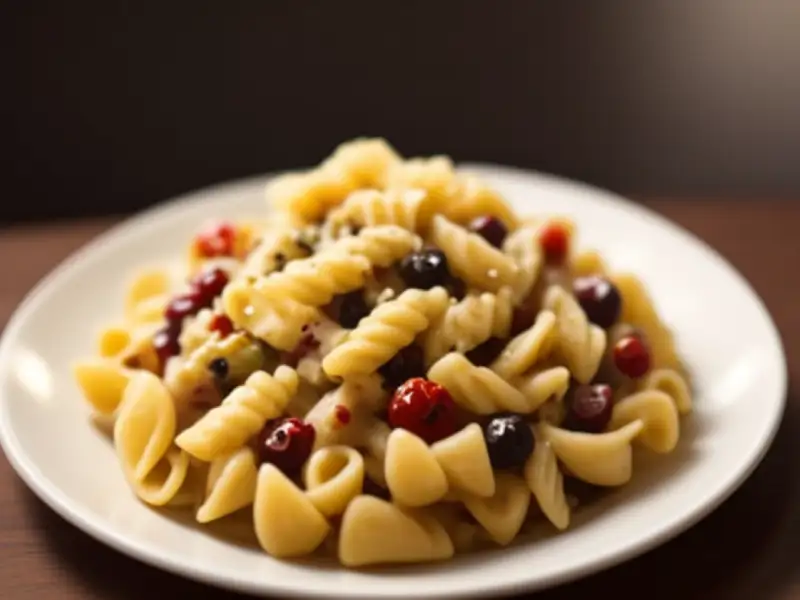 Pasta farfalle con tomate seco, aceituna y mozzarella.