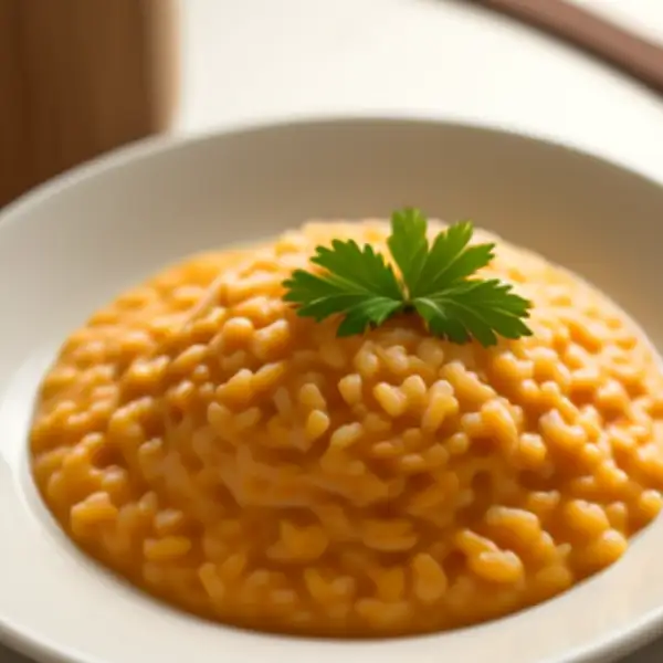 Tomato cream with rice and bacon