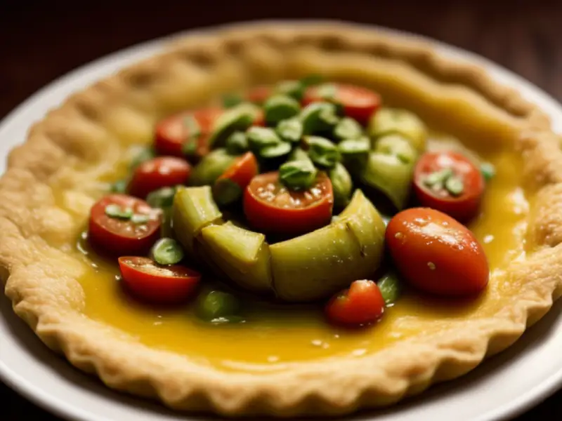Torta vegana de alcachofra, tomate e azeitonas