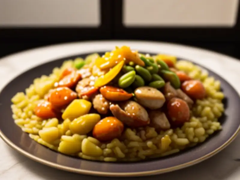 Valencian paella with chicken, rabbit, and globe artichokes